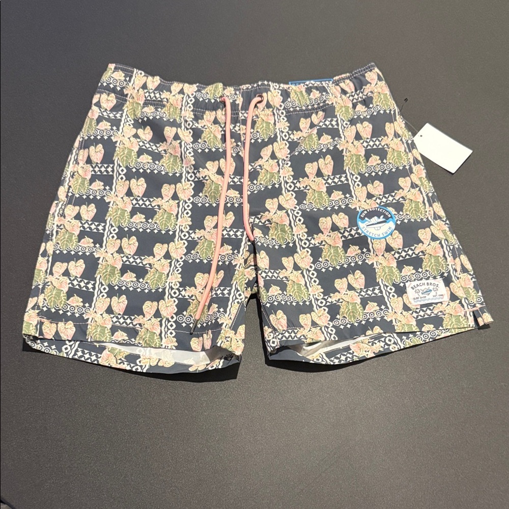 Men's Navy Floral Athletic Shorts with Pink Accents